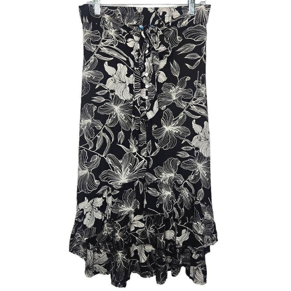Blue Island Floral Tropical Print Black White Hi Lo Skirt Size Medium